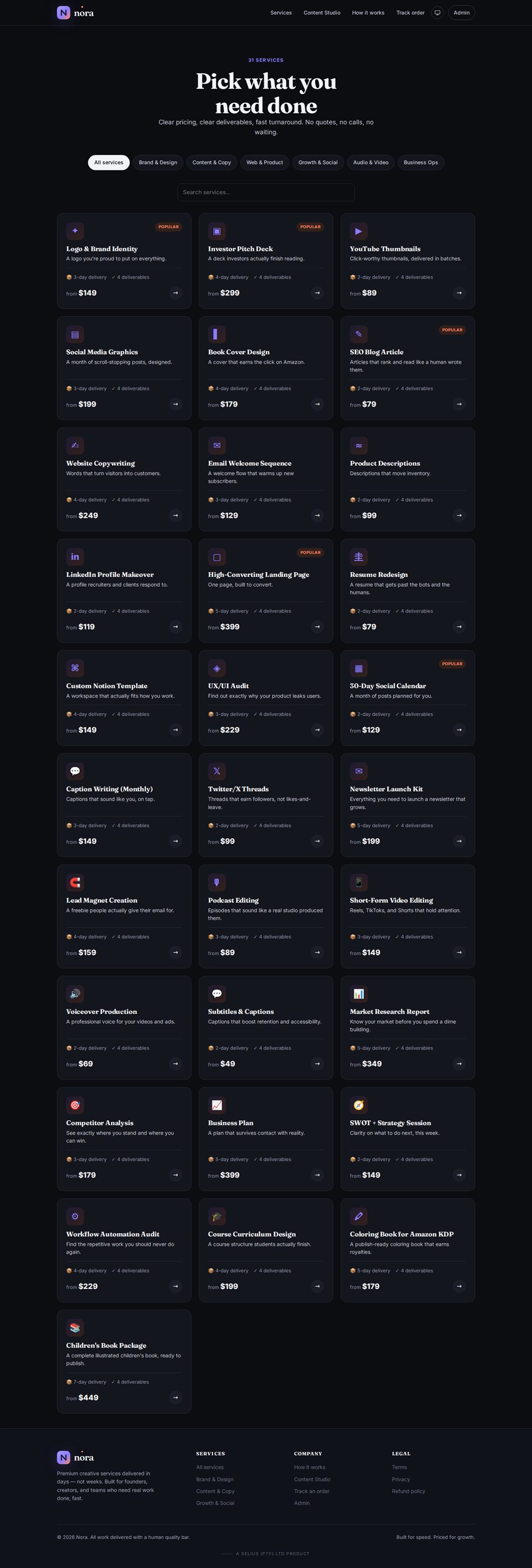 Catalogue of 31 services across six categories
