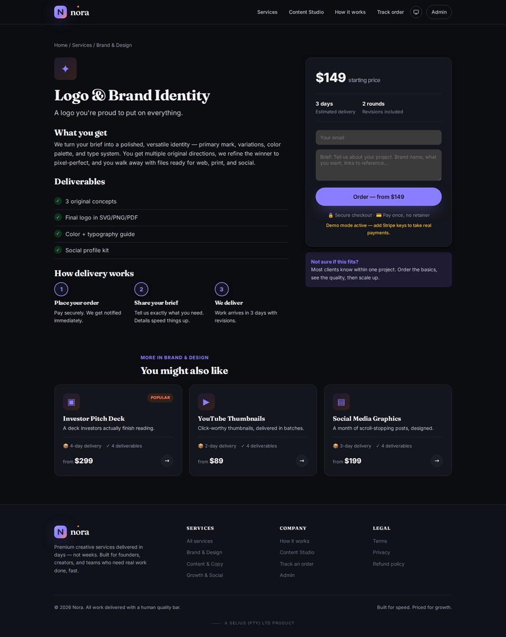 Service detail page with checkout